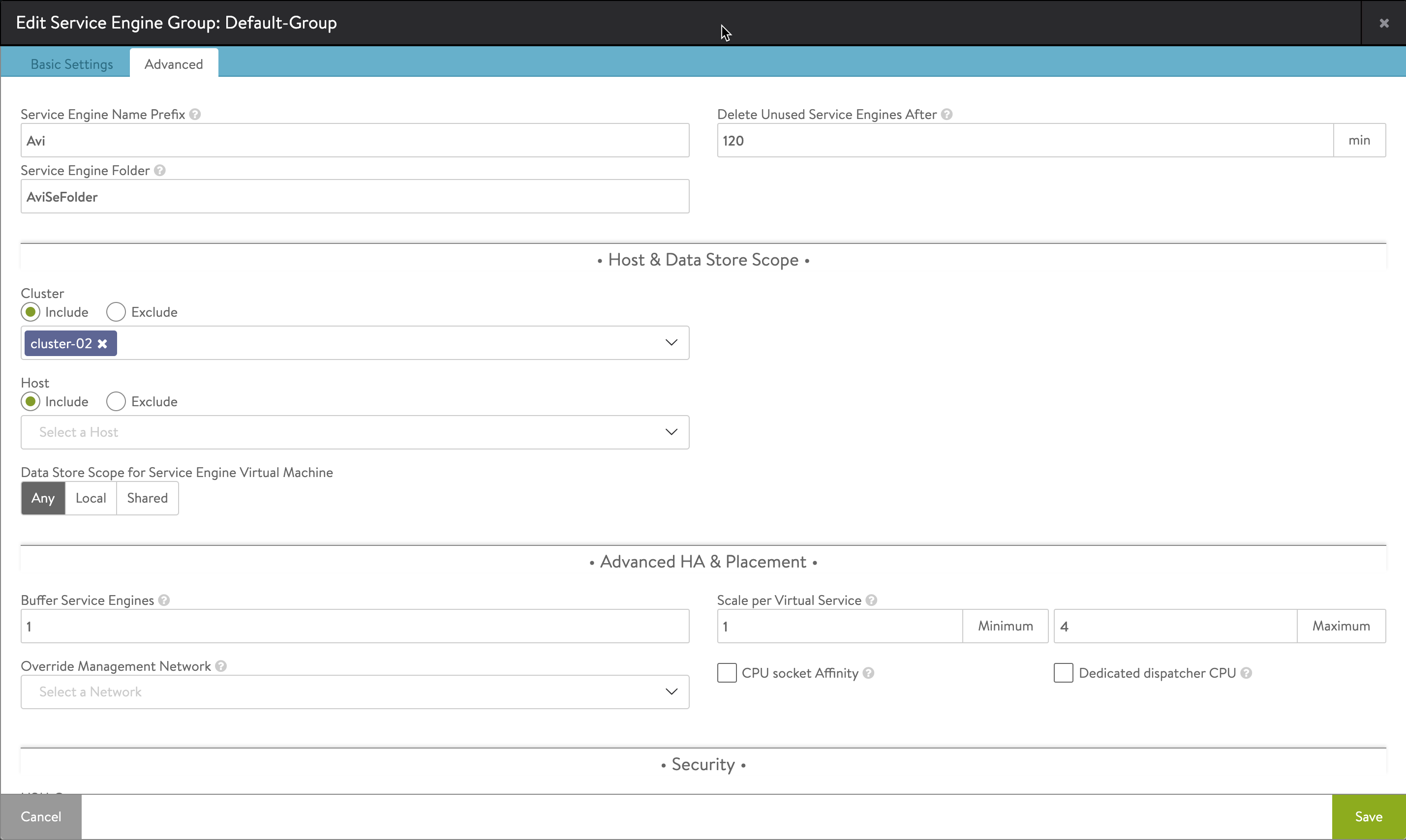 Service Engine Group Advanced settings