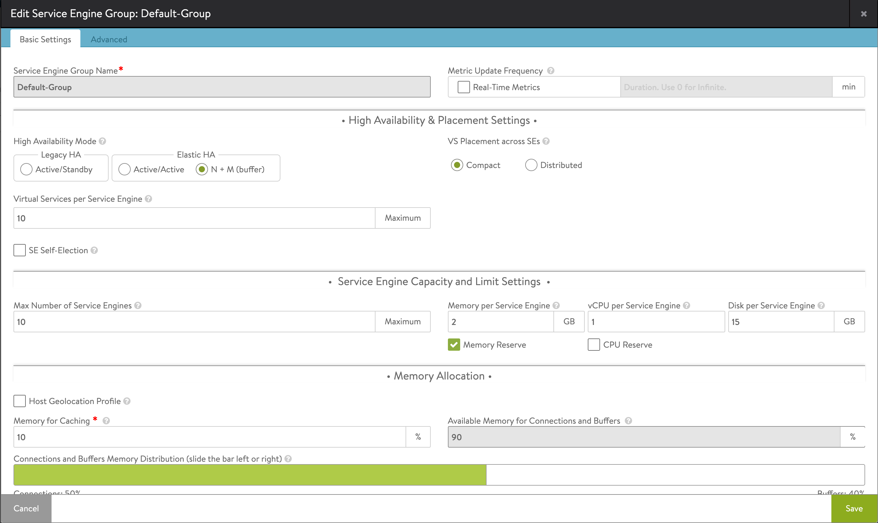 Service Engine Group Basic settings