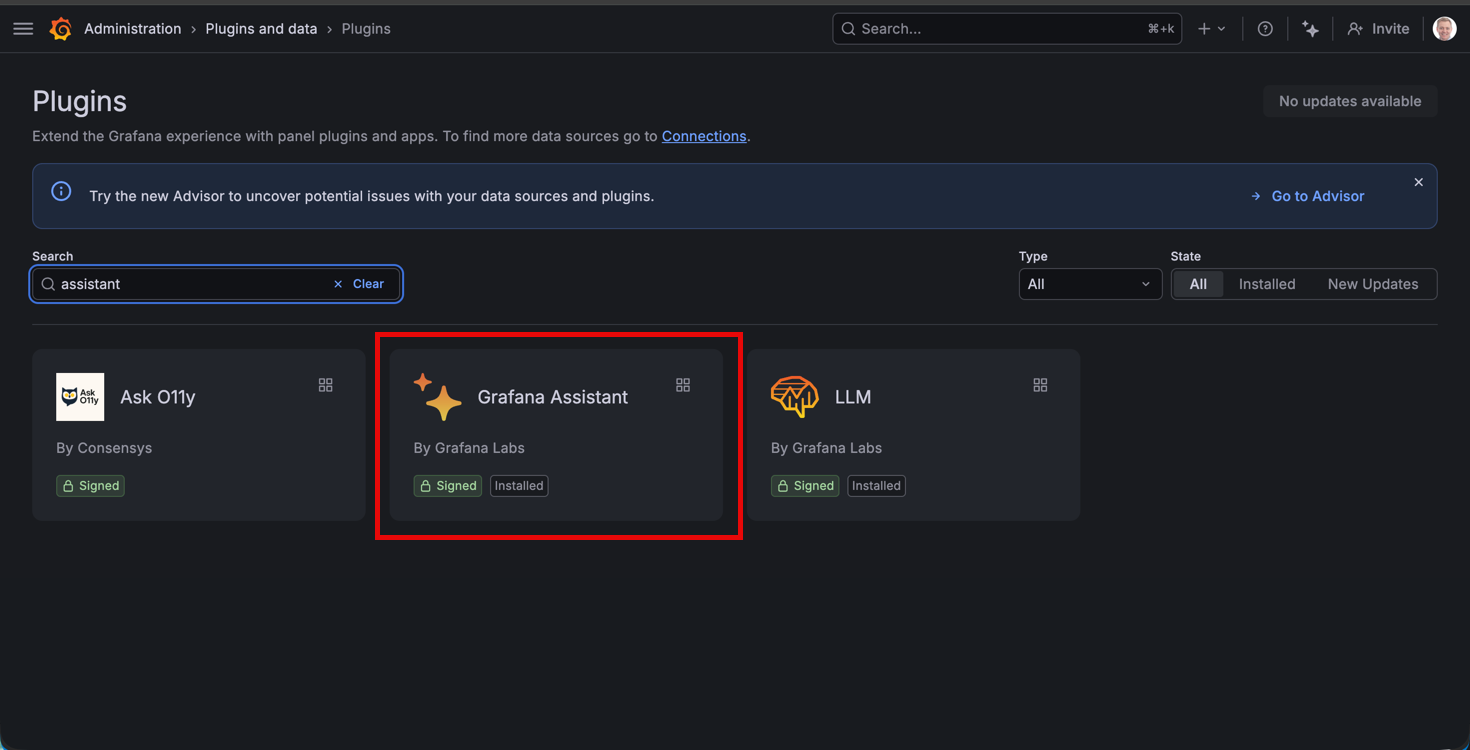 Find Grafana Assistant plugin