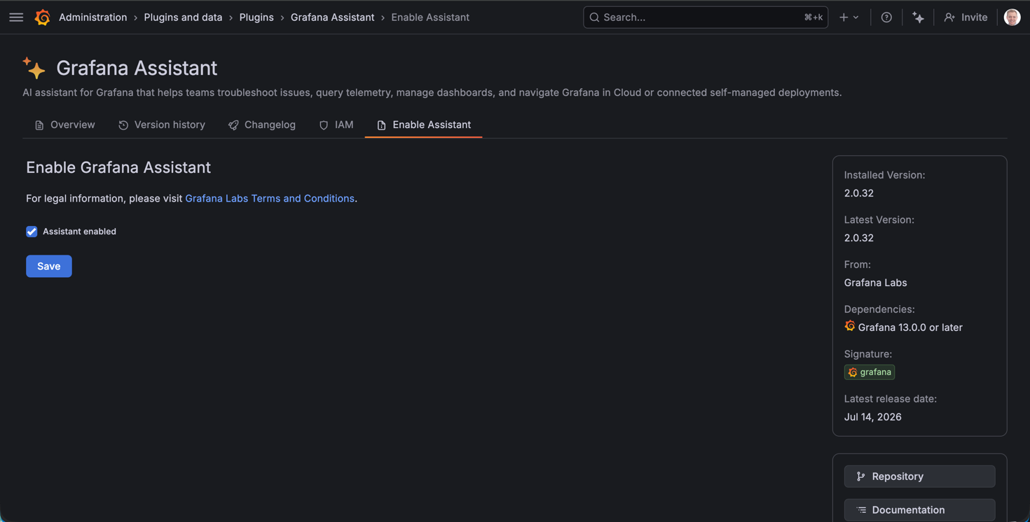 Enable Grafana Assistant in Grafana Cloud