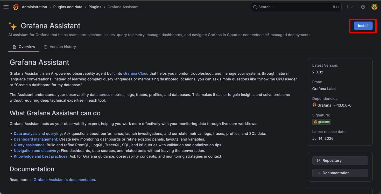 Install Grafana Assistant plugin
