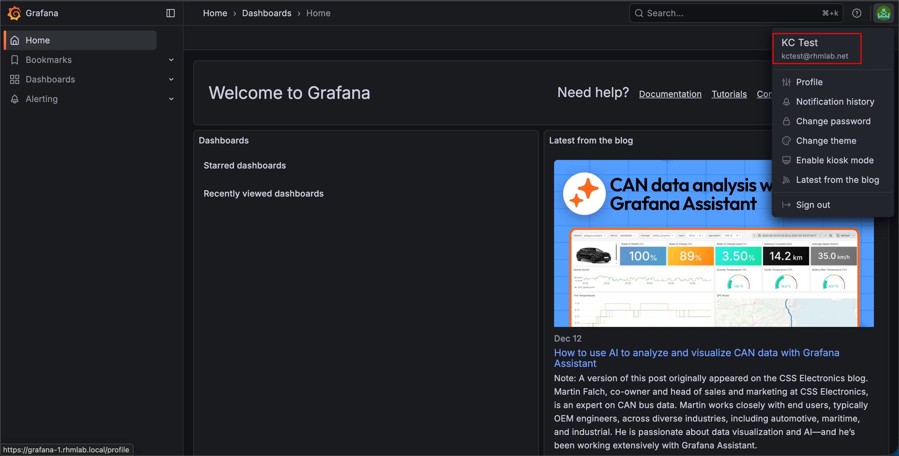 Logged in to Grafana with test user