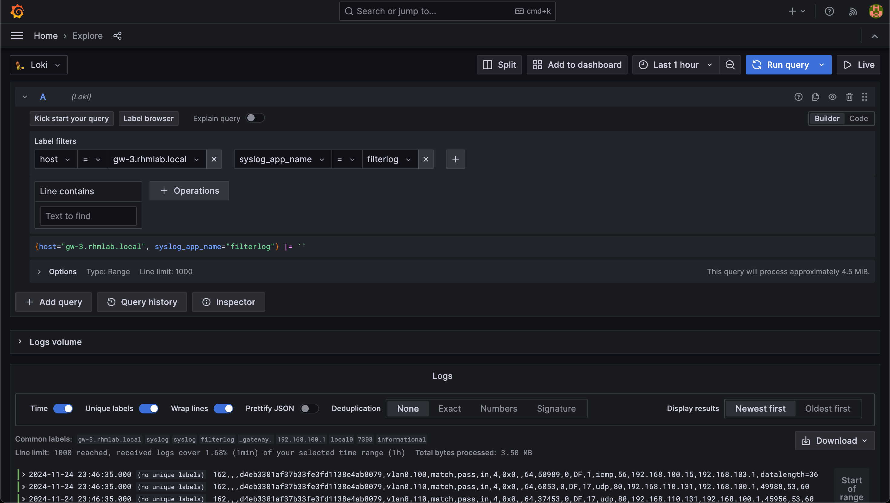 Explore logs in Grafana