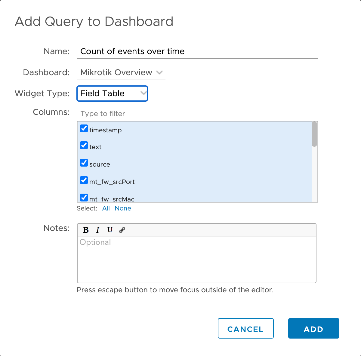 Select fields for Field table