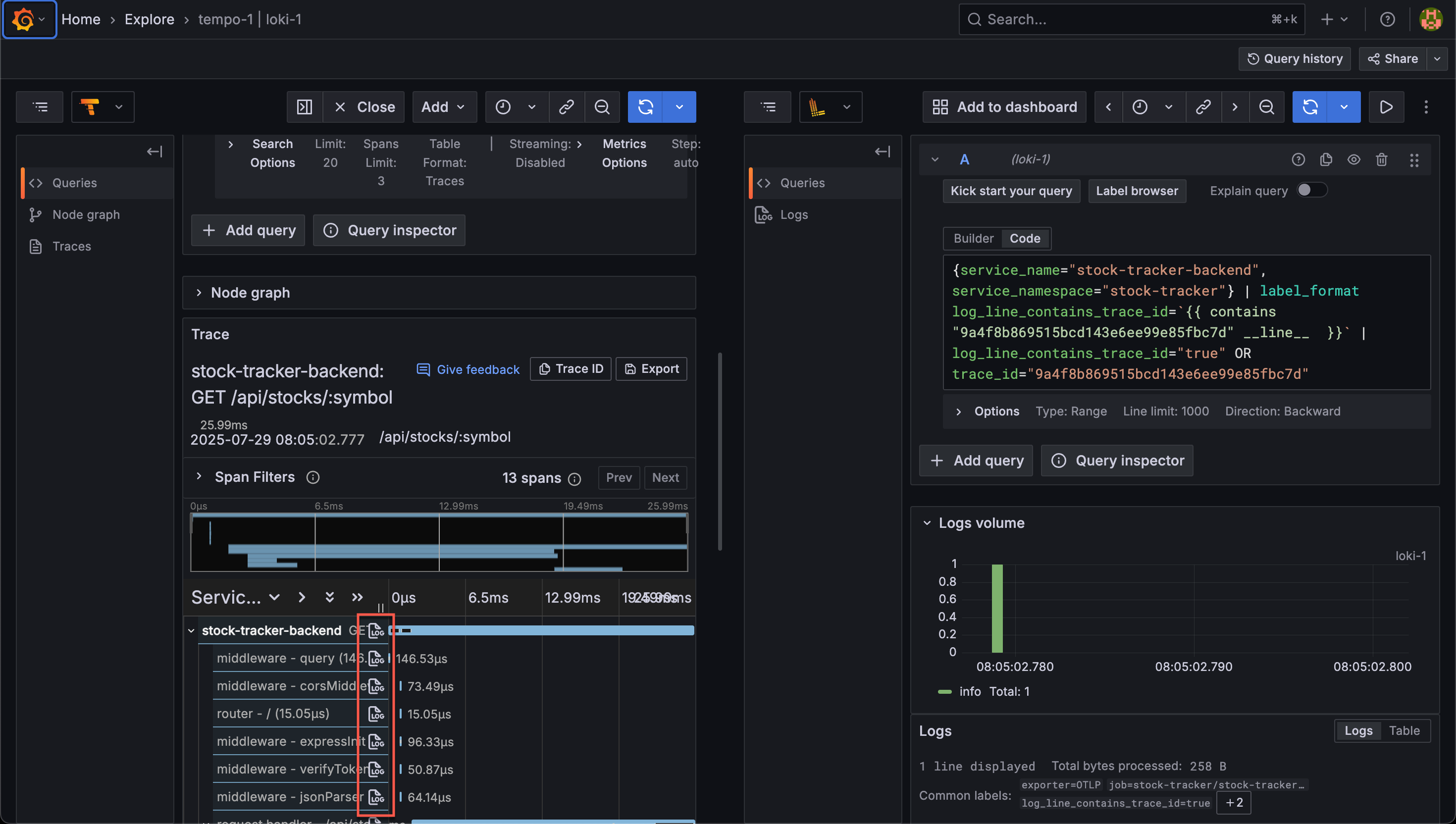 Explore trace to logs