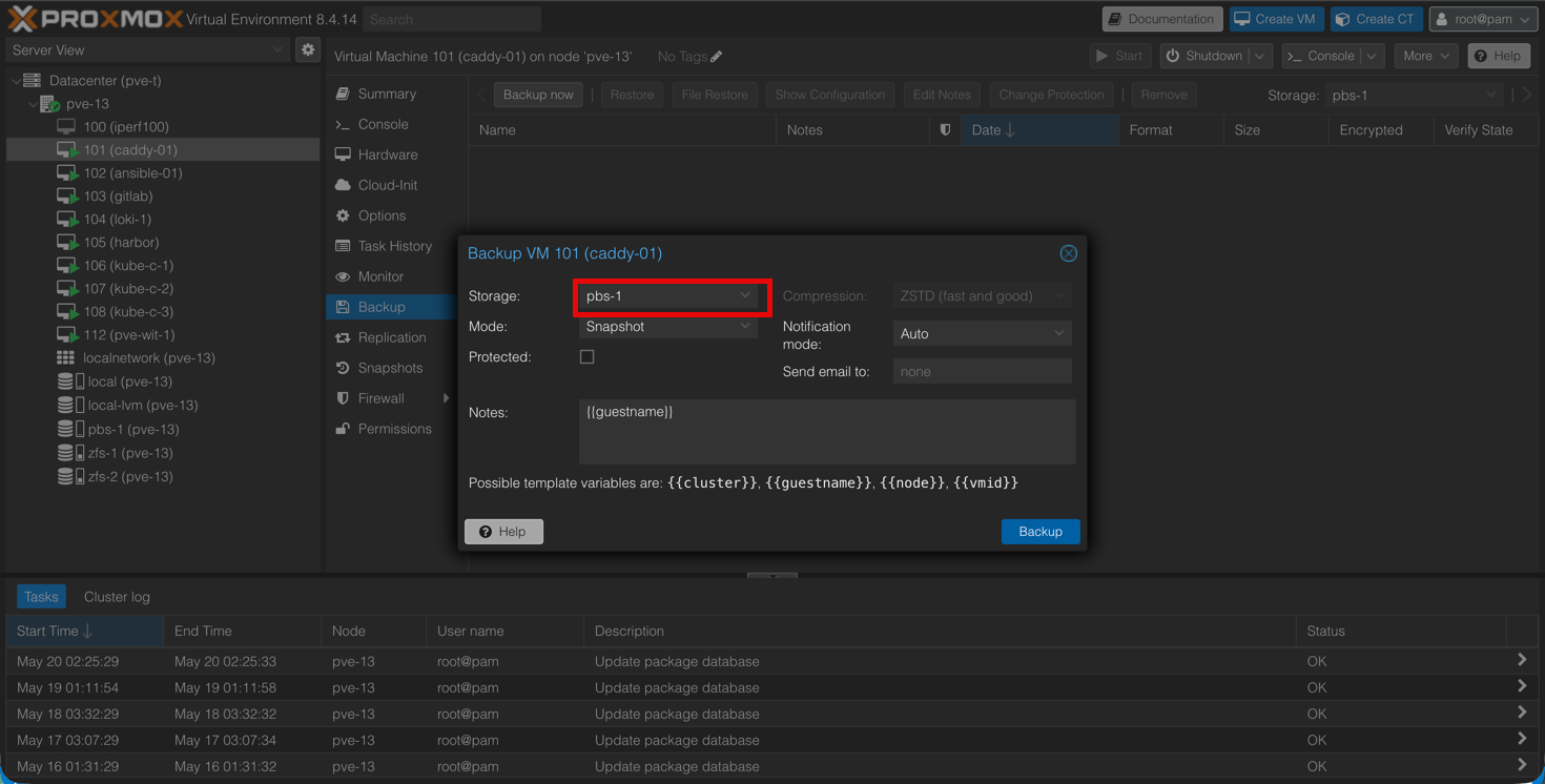 Start backup job in PVE