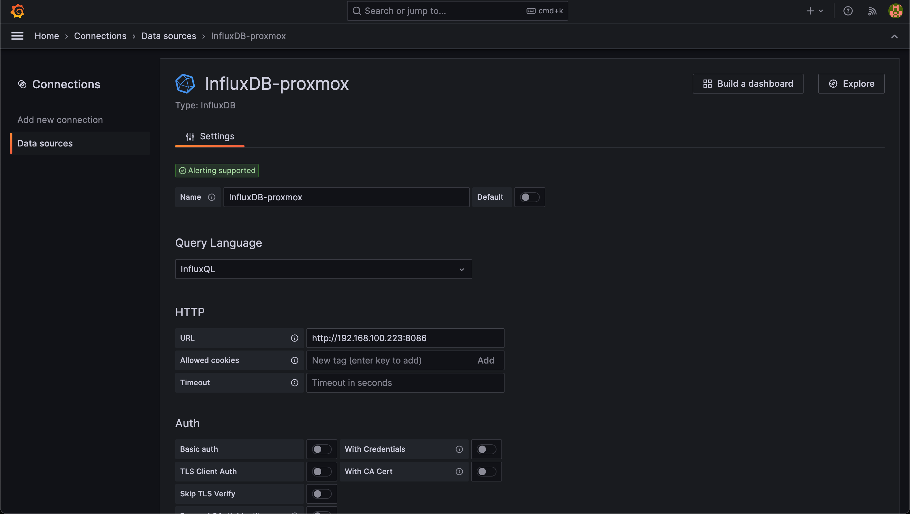 Create datasource in Grafana