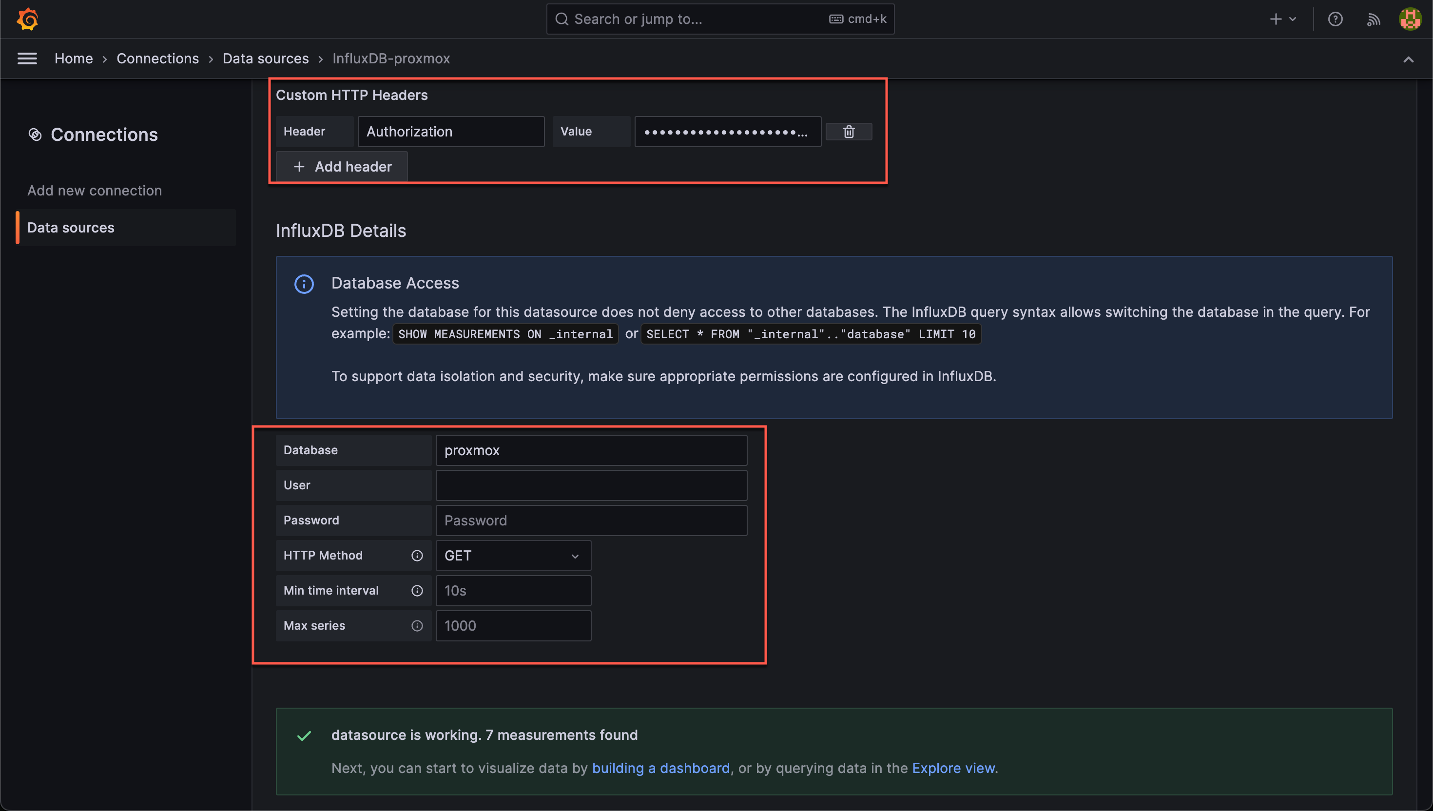 Specify Org, bucket and token and test the connection