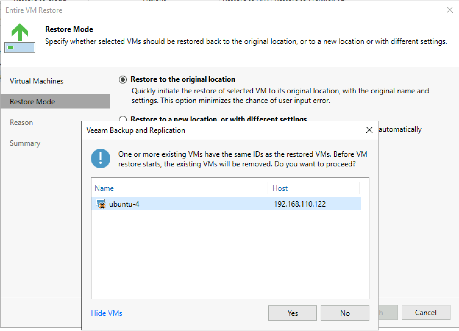 Existing VM warning