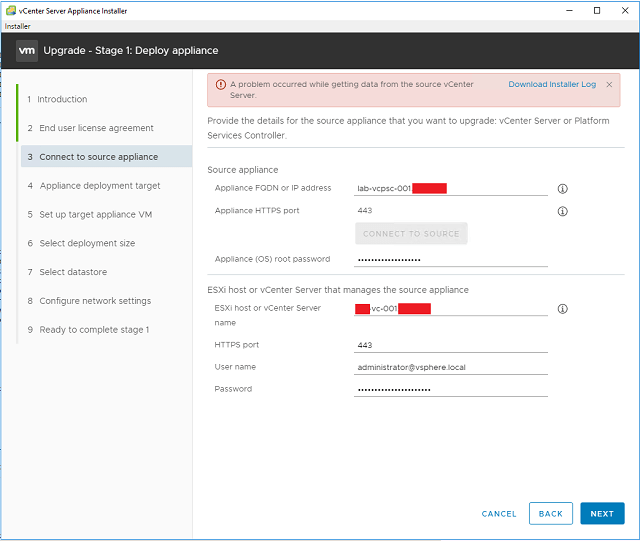 Error when deploying appliance