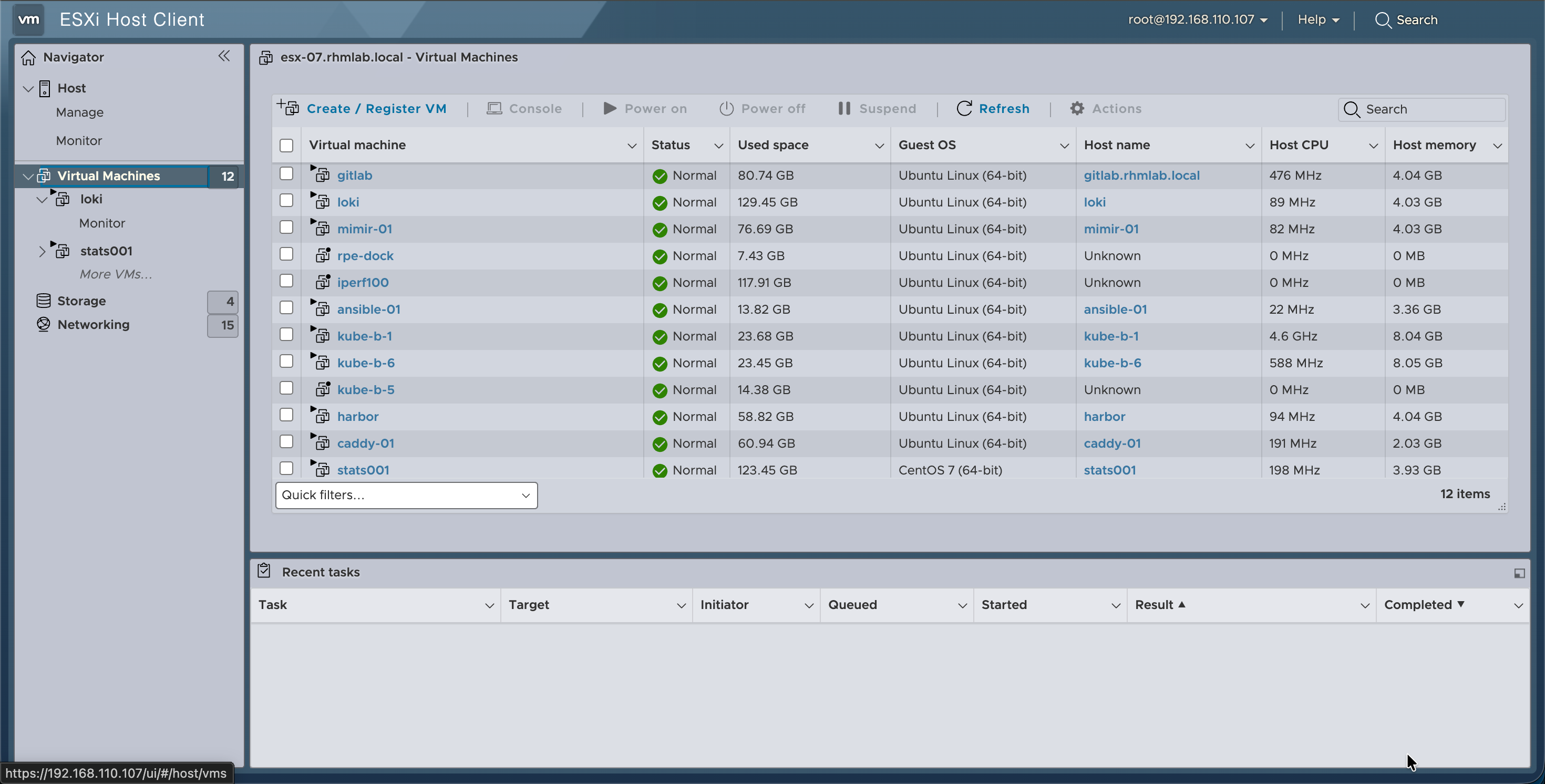 ESXi virtual machine list