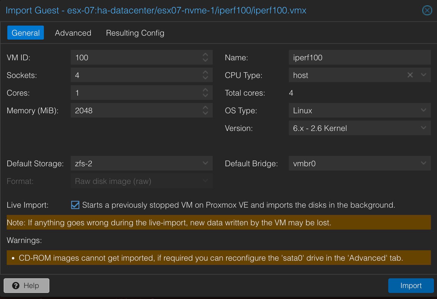 Proxmox import wizard