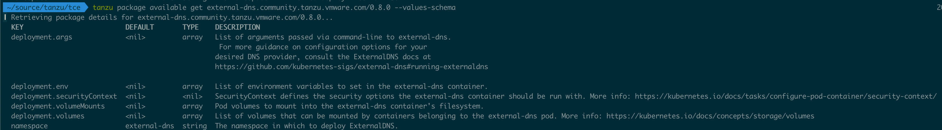 Values schema for package