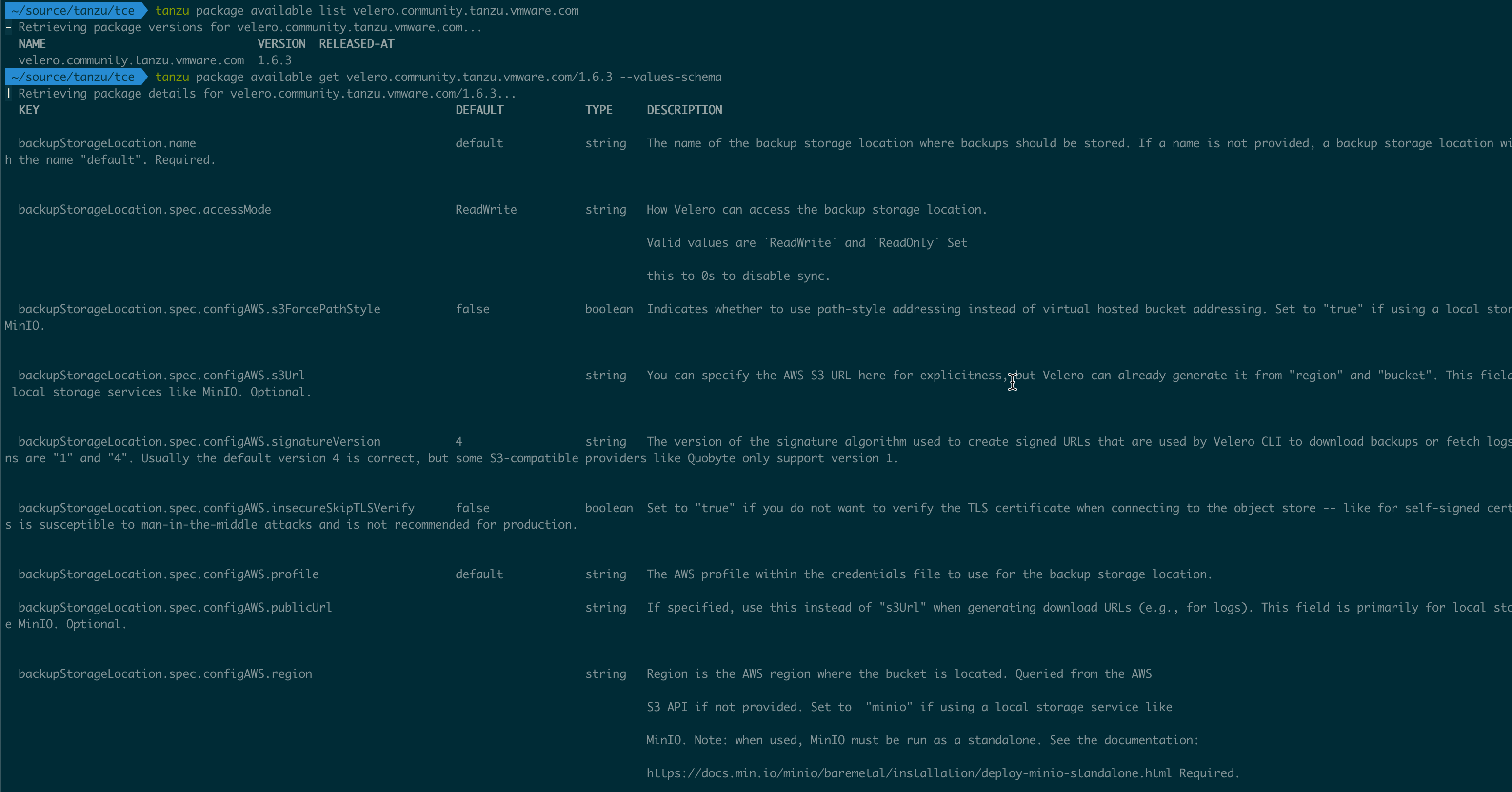 Velero package details and config parameters