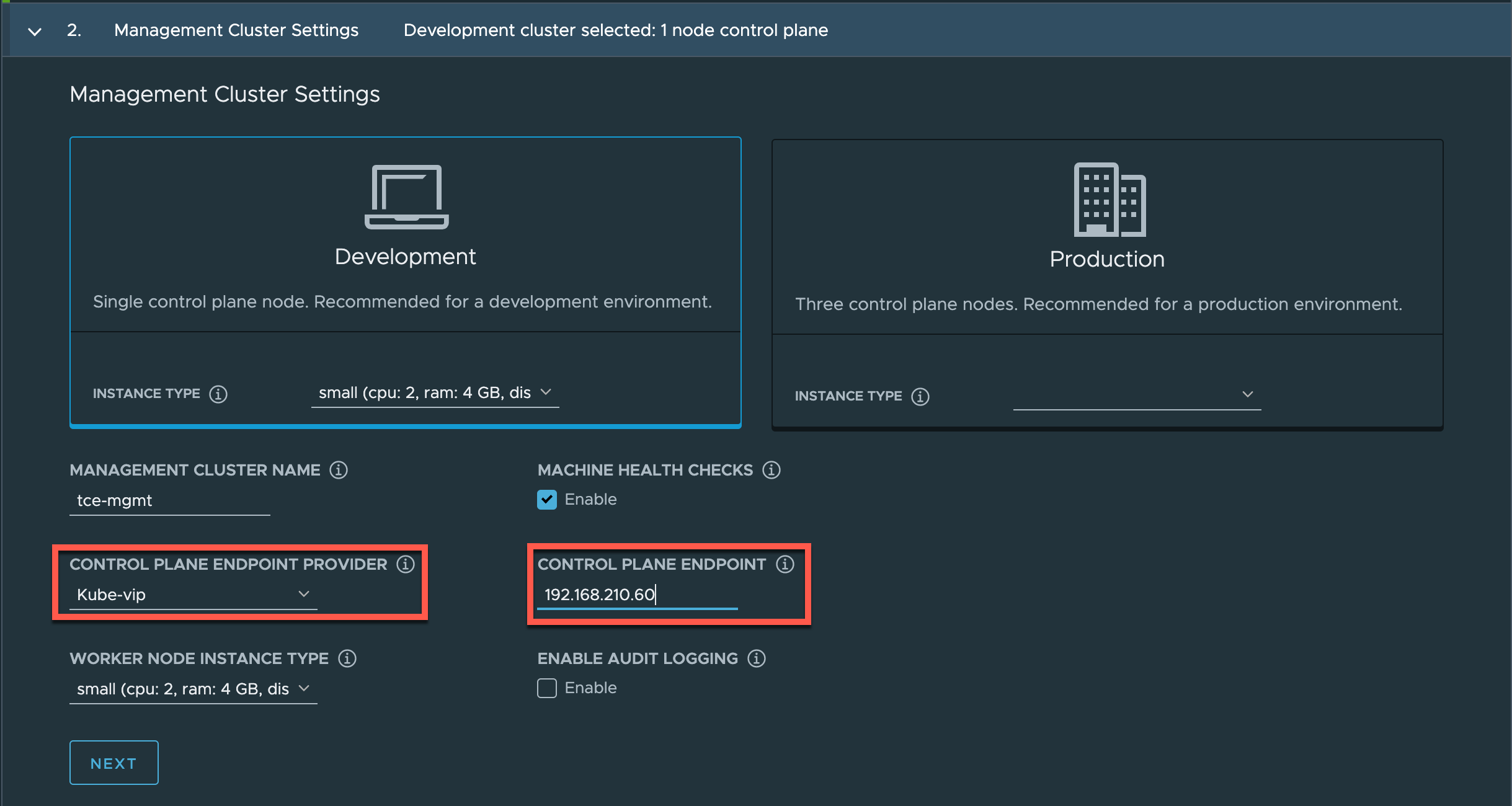 Management cluster settings