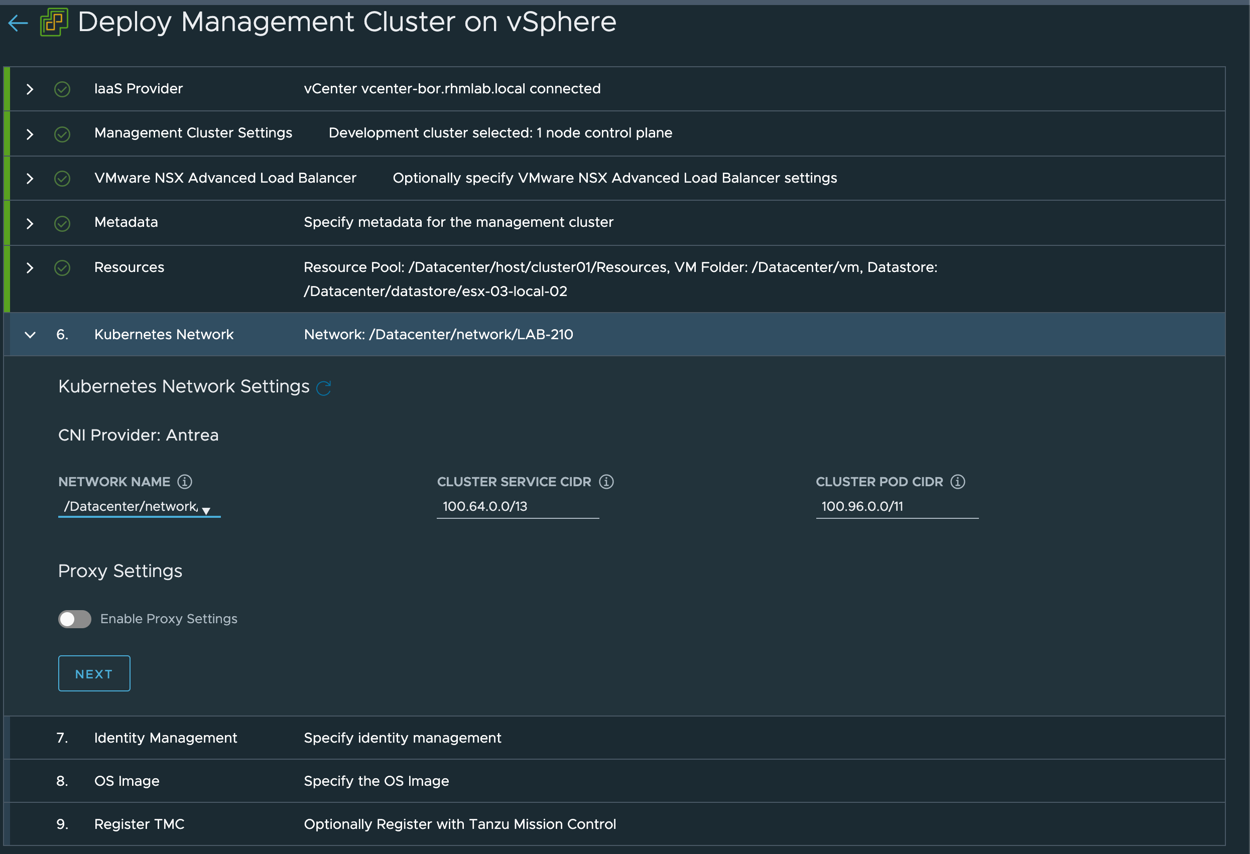 Management cluster Network settings