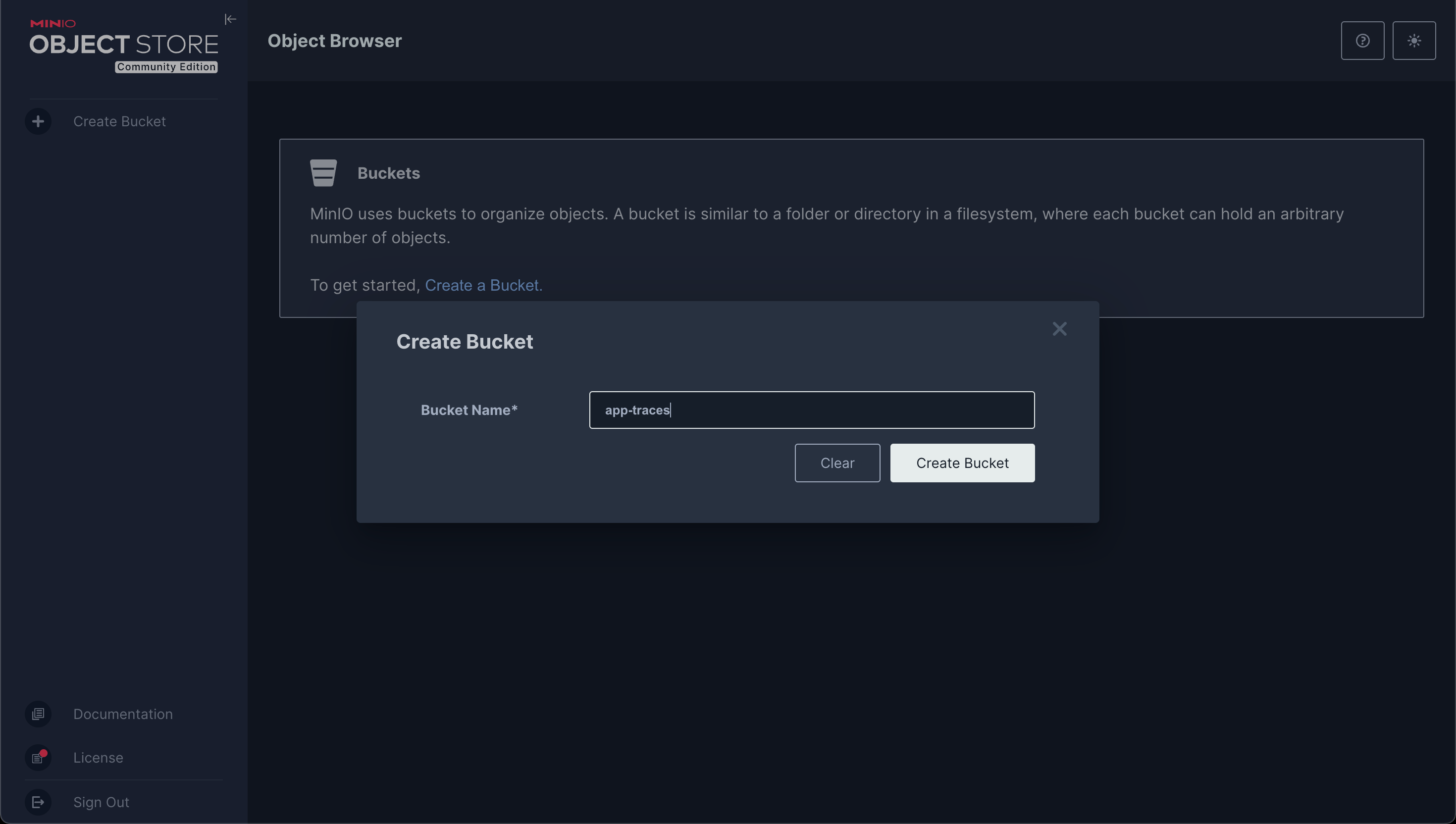 Create MinIO object storage bucket