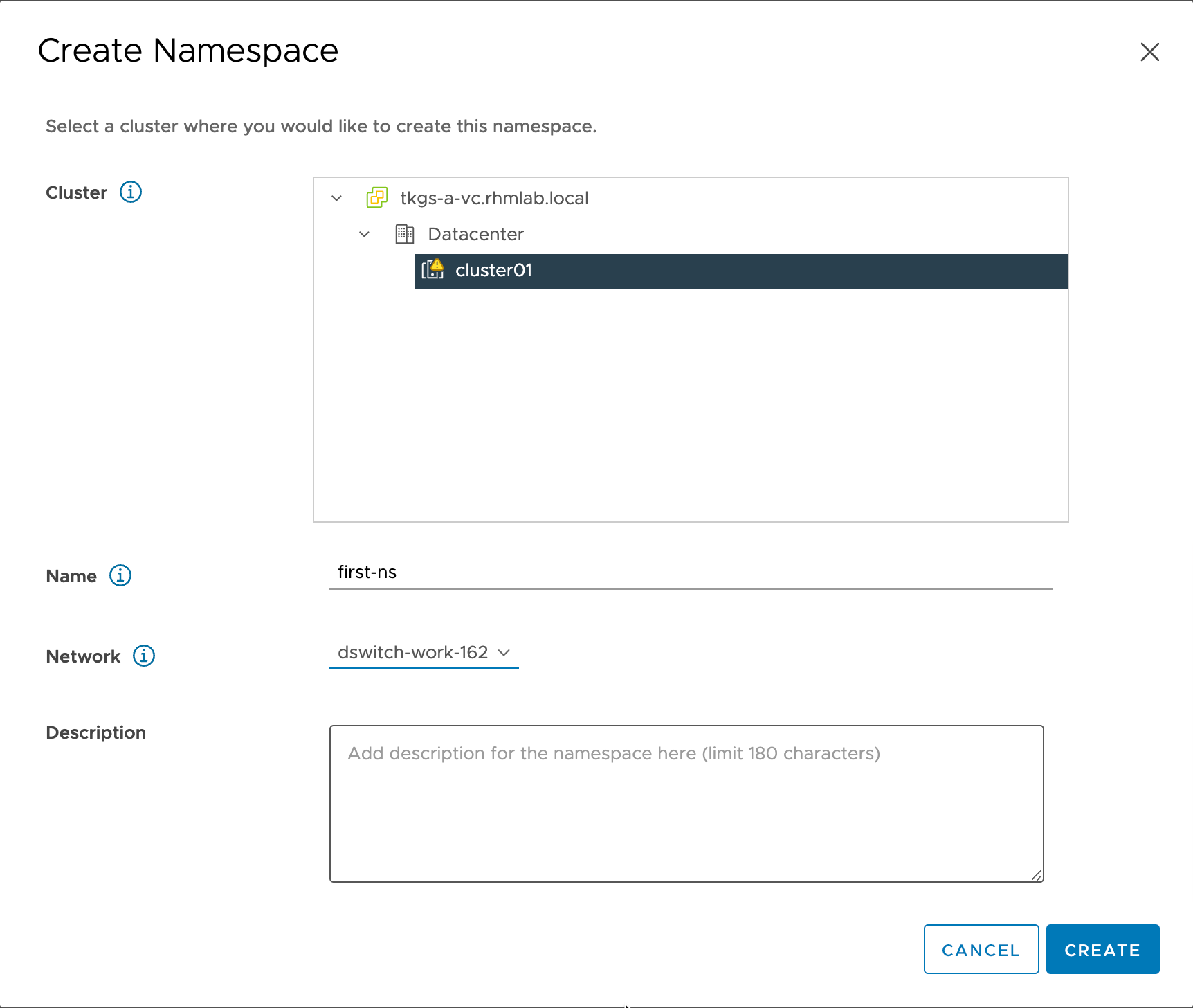 Create Namespace wizard