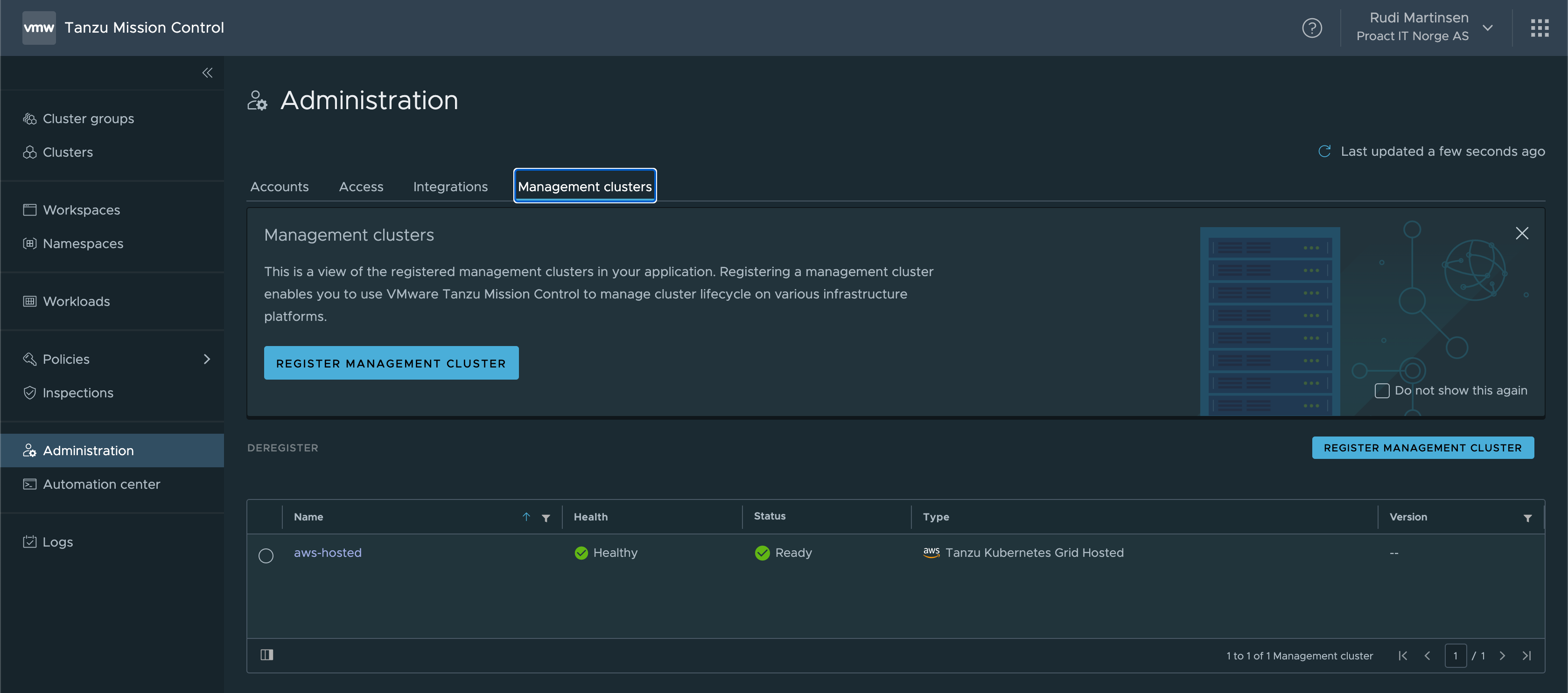 Management clusters tab