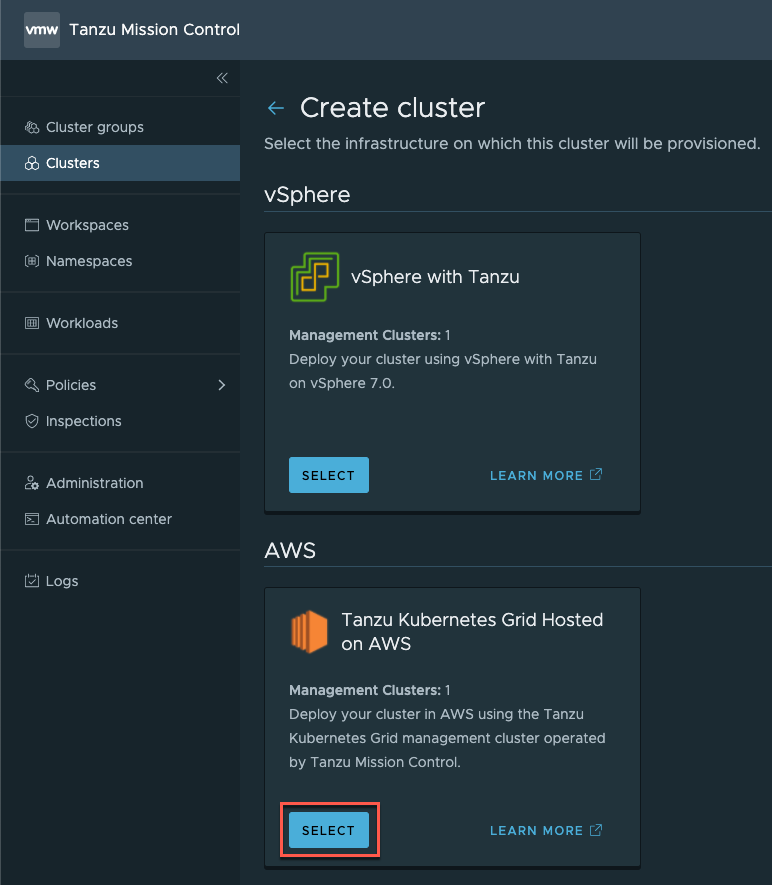 Create cluster on AWS wizard