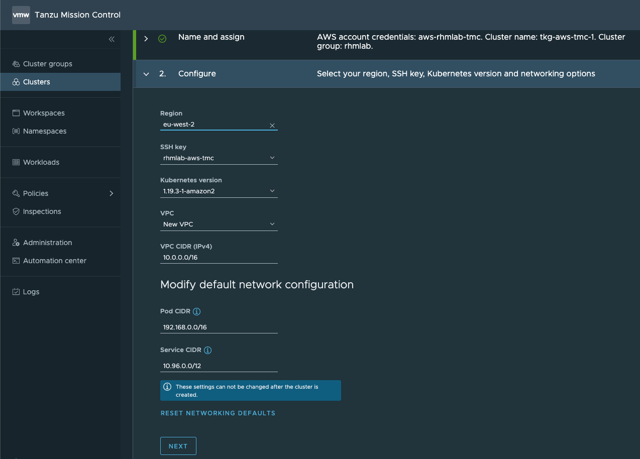 Set AWS region and network settings