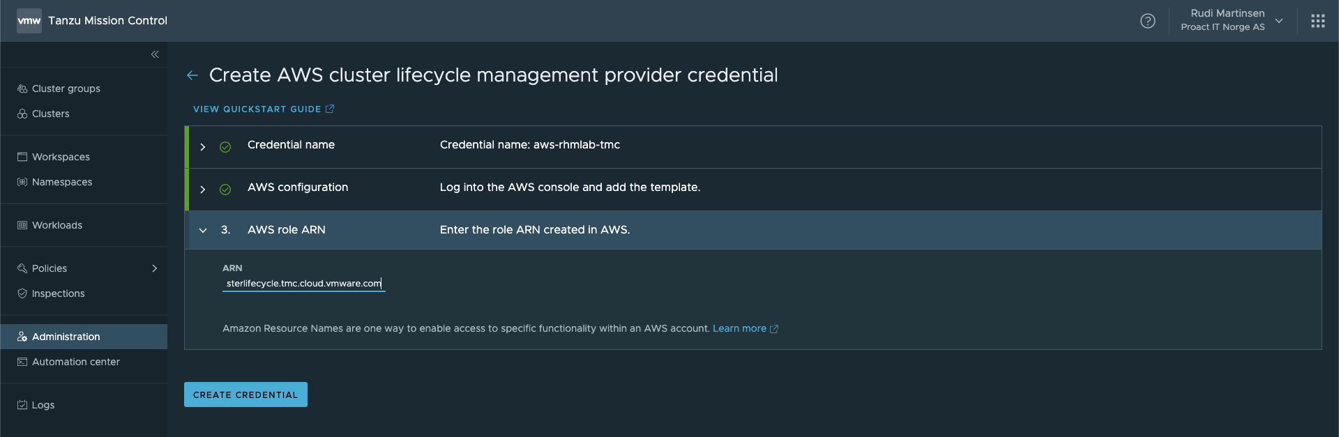 Create credential with ARN