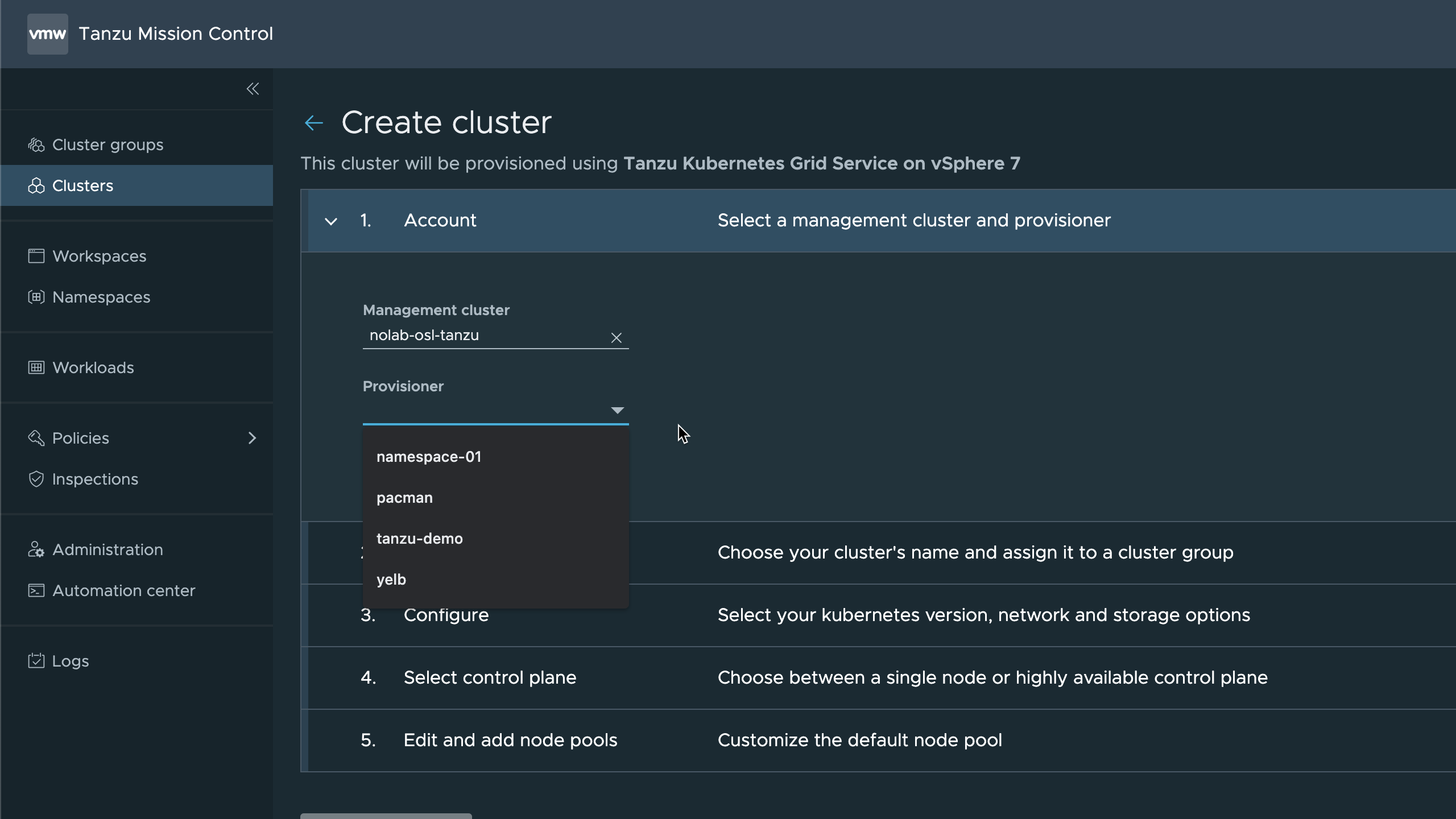 Select Management cluster