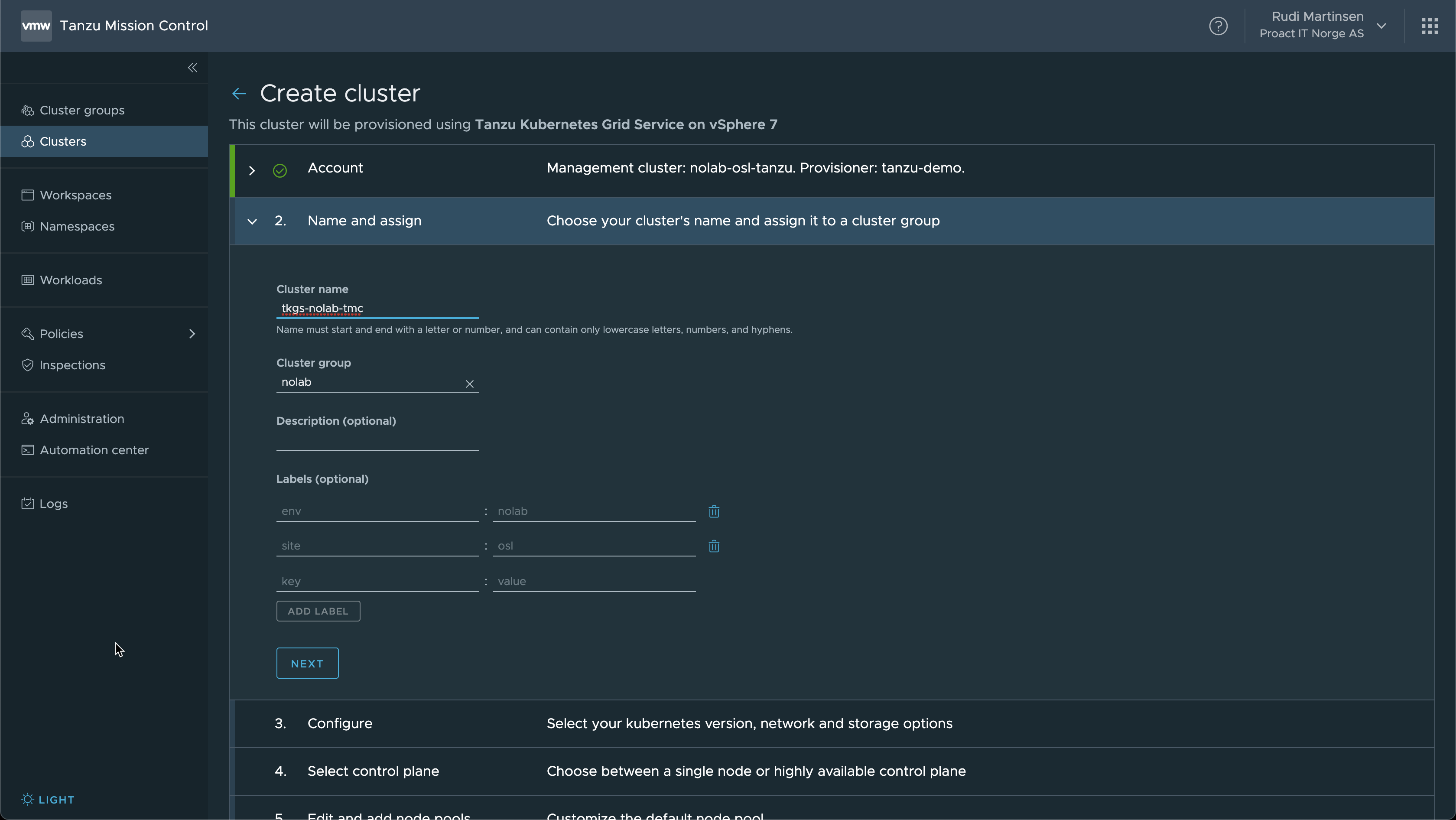 Choose name and cluster group