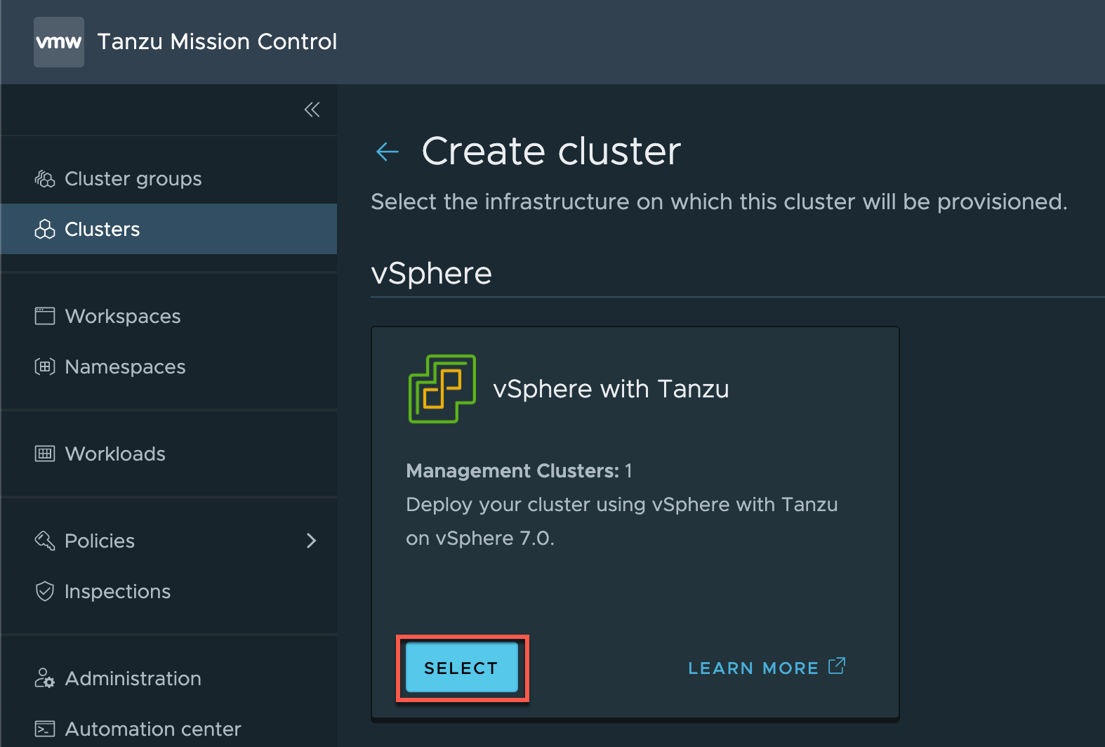 Start Create cluster wizard