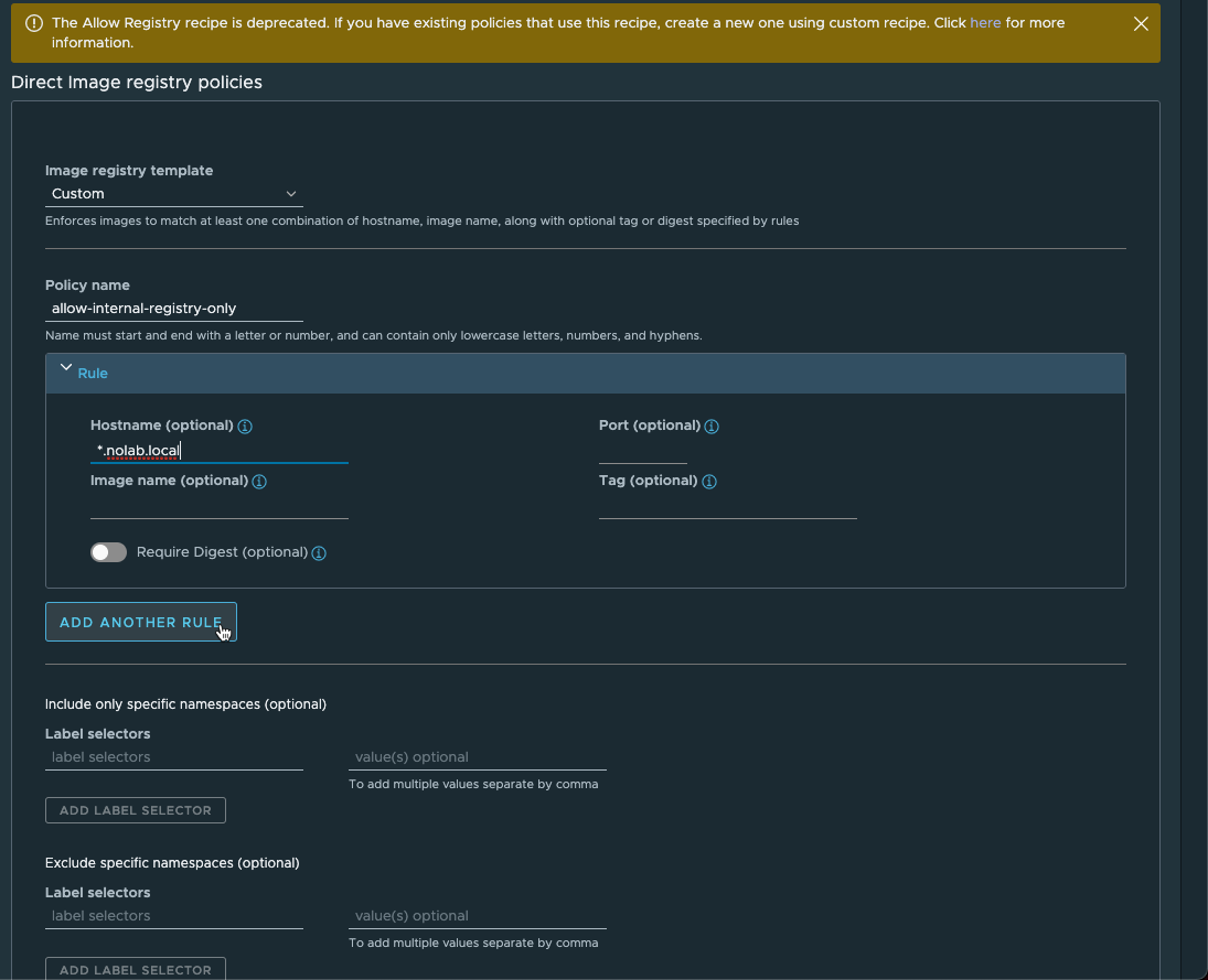 Details for Image registry policy