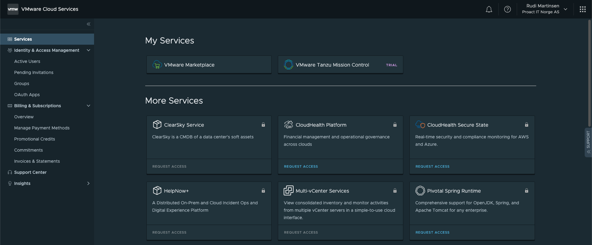 VMware Cloud Services console