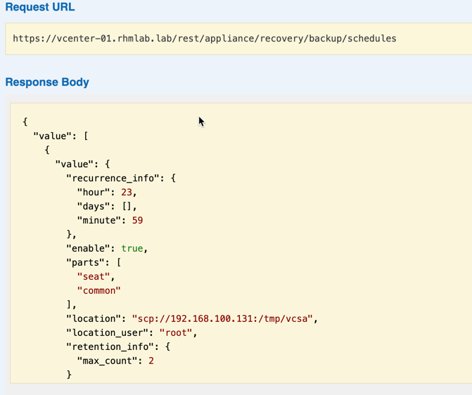 Backup schedule pulled from API