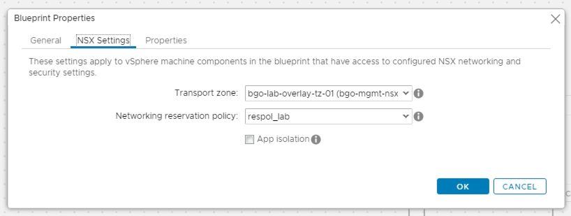 vRA Blueprint NSX settings