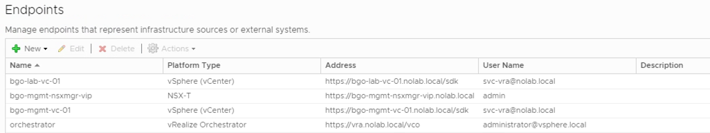 vRA endpoint configuration